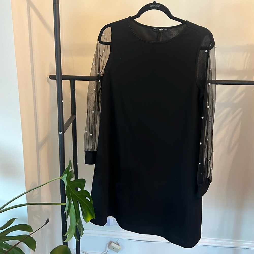 SHEIN Pearl Long Sleeve Shift Black Dress